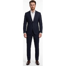 Uki Lacivert Comfort Fit , Mono Yaka, 2 Düğme Çift Yırtmaç Çizgili Klasik Takım Elbise