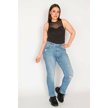 Şans Kadın Mavi Yırtık Detaylı Yıkama Skinny Jean Pantolon-mavi Mavi