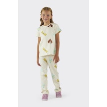 Kız Çocuk Desenli Bej Pijama Takımı Çok Renkli