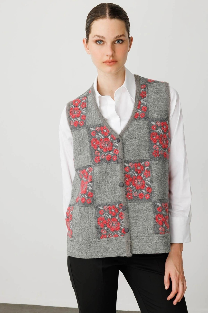 Desen Triko Kadın Pıtırcık Çiçekli Patchwork Keçe Yün Yelek Y.füme Y.ş.pembe Y.füme Y.ş.pembe