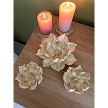 3'lü Dekoratif Lotus Çiçeği Kase / Şamdan & Mumluk Seti Krem & Altın Yaldız Eskitme Çok Renkli