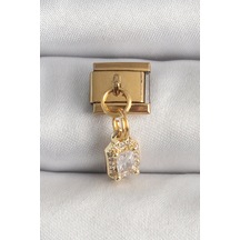 316l Çelik Gold Renk Sallantı Zirkon Taşlı Kare Model Nomination Charm