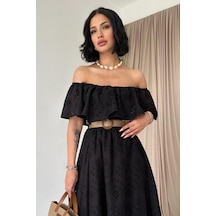 Etiler Collection Siyah Omzu Lastikli Brode Elbise Siyah