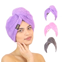 3'lü Paket Mikrofiber Saç Havlusu 2 Düğmeli Saç Kurutma Bonesi Baş Havlusu Lila-pembe-gri