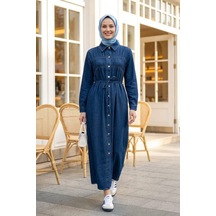 Hb Harma Time Butik Kadın Beli Bağcıklı Boydan Düğmeli Koyu Mavi Kot Tesettür Elbise