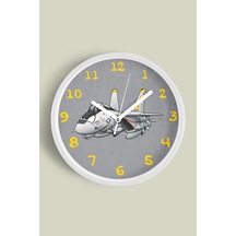 Jet Uçak Çizimli Modern Duvar Saati - 30cm - Önü Camlı Beyaz Kasa - Sessiz Mekanizma Beyaz