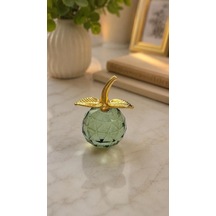 Kristal Cam Elma Biblo Orta Boy Yeşil Gold Detaylı Modern Dekoratif Masa Üstü Süsü 8 X 6