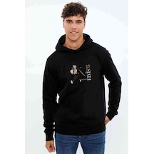 Elvis Presley Baskılı Siyah Erkek Örme Kapşonlu Sweatshirt