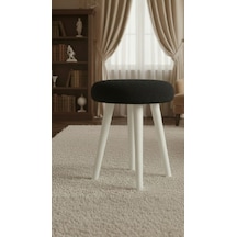 Gürgen Ahşap Retro Ayak Dekoratif Beyaz Pelüş Puf Tabure Siyah - Siyah