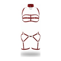 İkikareshop Kırmızı Harness Takım Yüksek Yakalı Tokalı Metal Halka Detaylı - Brf242 Çok Renkli