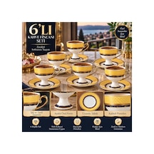 6 Lı Ayaklı Porselen Kahve Fincanı Takımı Sarı Lacivert Gold Detaylı Şık Sunum Seti Sarı