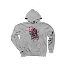 Model Girl With Red Tatto Cartoon Gri Kapşonlu Sweatshirt Hoodie Gri