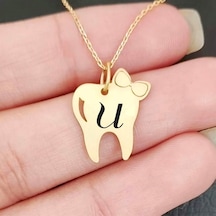 Archin U Harfine Özel Zincirli Diş Ve Fiyonk Motifli 14 Ayar Altın Plakalı Hediyelik Kolye-450harf U