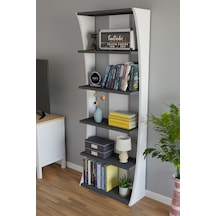 İskandinav Tasarım Çok Raflı Kitaplık 150x50x22 Cm Modern Dekoratif Raf Ünitesi Antrasit - Beyaz