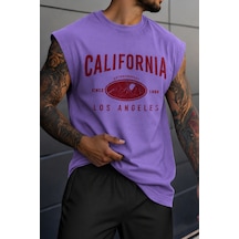 Cool Tarz Erkek Oversize Kolsuz Tişört %100 Pamuk California Baskılı Bisiklet Yaka Atlet Mor Mor