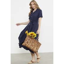 Keten Görünümlü Uzun Gömlek Elbise - Lacivert Lacivert