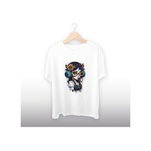 Kulaklıklı Anime Kız Detaylı Unisex Tişört Beyaz