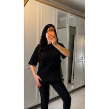 Efnaz Style Kadın Kısa Kollu Bisiklet Yakalı Dantel Detaylı Viskon Iki Iplik Bluz siyah