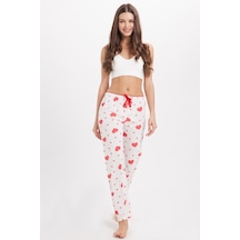 Tudors Kadın Regular Fit Klasik Kesim Viskon Beli Lastikli Fiyonk Detaylı Baskılı Beyaz Pijama Altı-51008