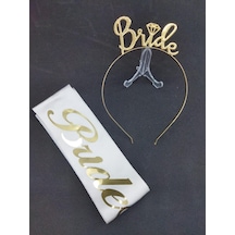 Gold Renk Taç Ve Beyaz Kuşak Bride Seti