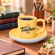 Bk Gift En İyi Öğretmen Tasarımlı Mat Sarı Türk Kahvesi Fincanı Ve Tabağı-1
