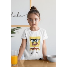 Sevbano Gözlüklü Süngerbob Baskılı Unisex Çizgi Film Çocuk Tişört 1-12 Y Beyaz