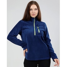 Genius Store Kadın Polar Yarım Fermuarlı Outdoor Cepli Spor Polar İndigo