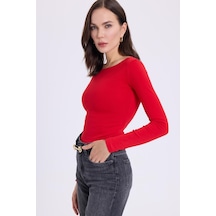 Tudors Kadın Slim Fit Dar Kesim Pamuklu Modal Kumaş Uzun Kollu Kayık Yaka Kırmızı Bluz-38882