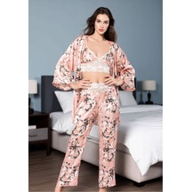 Loule Kadın Çiçekli Braletli Saten Pijama Ve Sabahlık Seti 3 Parça Çok Renkli