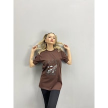 Flood Of Style Kadın Kahverengi Alaska Baskılı Oversize Bisiklet Yaka Tshirt