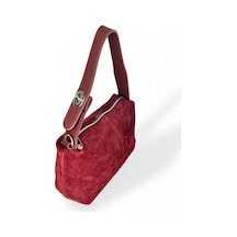Süet Omuz Çantası, Bordo Renk, Leopar Desenli İç Astar, Metal Fermuarlı Bordo