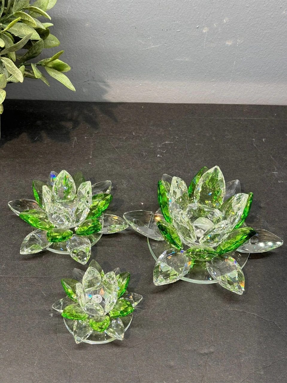 Dekoratif Kristal Cam Üçlü Cam Lotus Mumluk Yeşil