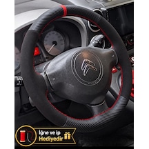 Citroen Berlingo B9 Dikme Direksiyon Kılıfı Alcantara Süet Mat Karbon Kırmızı Yüzük Ve Dikiş 2008-2018 Siyah