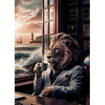 Kahve İçen Aslan Hediyelik Mdf Tablo 35cm X50cm