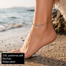 Heart Charm Beaded Stainless Steel Anklet Kalp Detaylı Boncuklu Çelik Halhal Çok Renkli