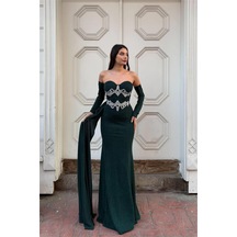 DefyModa Kadın İnce İşçilik Taş Detaylı Uzun Kollu Abiye Elbise Zümrüt