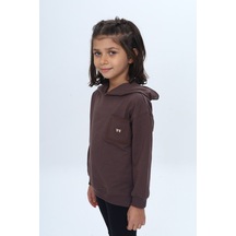 Kız Çocuk Relax Fit Kapüşonlu Düşük Omuz Nakışlı Sweatshirt - Cep Detaylı Kahve
