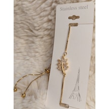 Stainless Steel Zirkon Taşlı Yaprak Çelik Bileklik Gold