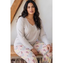 Siyah İnci Desenli Düğmeli Büyük Beden Battal Boy Viskon Örme Pijama Takım 26224820 Lila