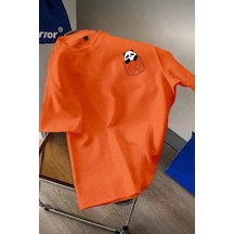 Cepte Panda Baskılı Oversize Unisex Pamuklu Tişört Battal Büyük Beden Tshirt Turuncu