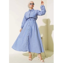 Lovie Moda Kadın Metal Düğmeli Çizgili Elbise Lacivert