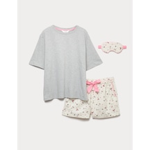 Marks & Spencer Saf Pamuk Desenli Kısa Pijama Takımı T37002241J Gri