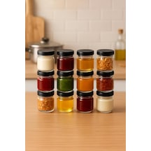 12 Adet 40 Ml Siyah Metal Kapaklı Şeffaf Numune Mama Ek Gıda Şekerleme Reçellik Küçük Cam Kavan