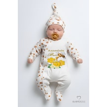 Babyden's Annesinin Balı Yazılı Yenidoğan Bebek Tulumu Şapka Seti Arı Desenli Unisex Çıtçıtlı Bebek Tulum Ekru - Çok Renkli