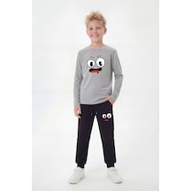 Panios Kids Yuvarlak Yaka Sweatshirt Paça Lastikli Eşofman Alt Baskılı Uzun Kollu Erkek Çocuk Alt Üst Takım Gri