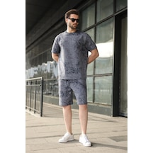 Madmext Lacivert Batik Desenli Overfit Şort T-shirt Takım E7357 Lacivert