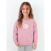 Onloox Kız Çocuk Gülkurusu Kız Çocuk Gülkurusu Pamuklu Bisiklet Yaka Düşük Kol Oversize Çiçek Nakışlı Sweatshirt 2-6 Yaş