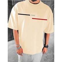 Paris Çizgi Süprem T-shirt - Bej Baskılı Oversize Bisiklet Yaka Tişört Bej-