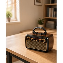 Bluetooth'lu Led Işıklı Nostaljik Müzik Kutusu Ahşap Dokulu Vintage Tasarım