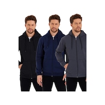 MMetalic Siyah-Antrasit-Lacivert Kanguru Cepli Kapüşonlu Fermuarlı İçi Pamuklu 3'Lü Erkek Sweatshirt